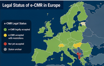 Mapa da Europa a mostrar os países onde o e-CMR é legalmente aceite para documentos de transporte digitais