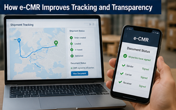 Sistema de rastreio digital a mostrar a rota do envio e atualizações em tempo real numa plataforma de logística