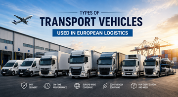 Diferentes veículos de transporte utilizados na logística europeia, incluindo carrinhas de entrega, camiões, semi-reboques e veículos de transporte refrigerado